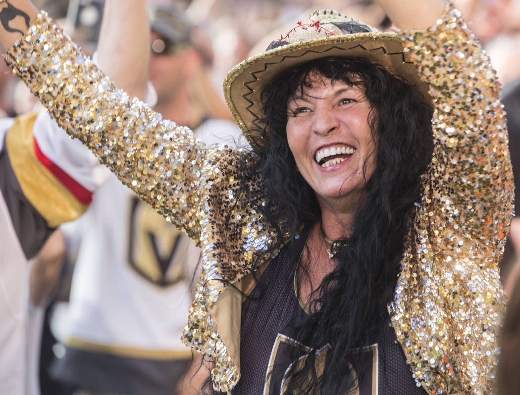 Golden Knights fan Marie Wong dances at a watch party at Red Rock Casino after Golden Knights right wing Alex Tuch scored a first period goal during Vegas' game two NHL Western Conference Finals r ...