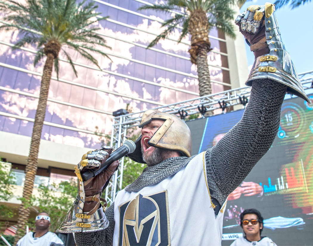 Lee Orchard, AKA the "Golden Knight" fires up the crowd at a watch party at Red Rock Casino during the Golden Knights game two NHL Western Conference Finals road matchup with the Winnipe ...