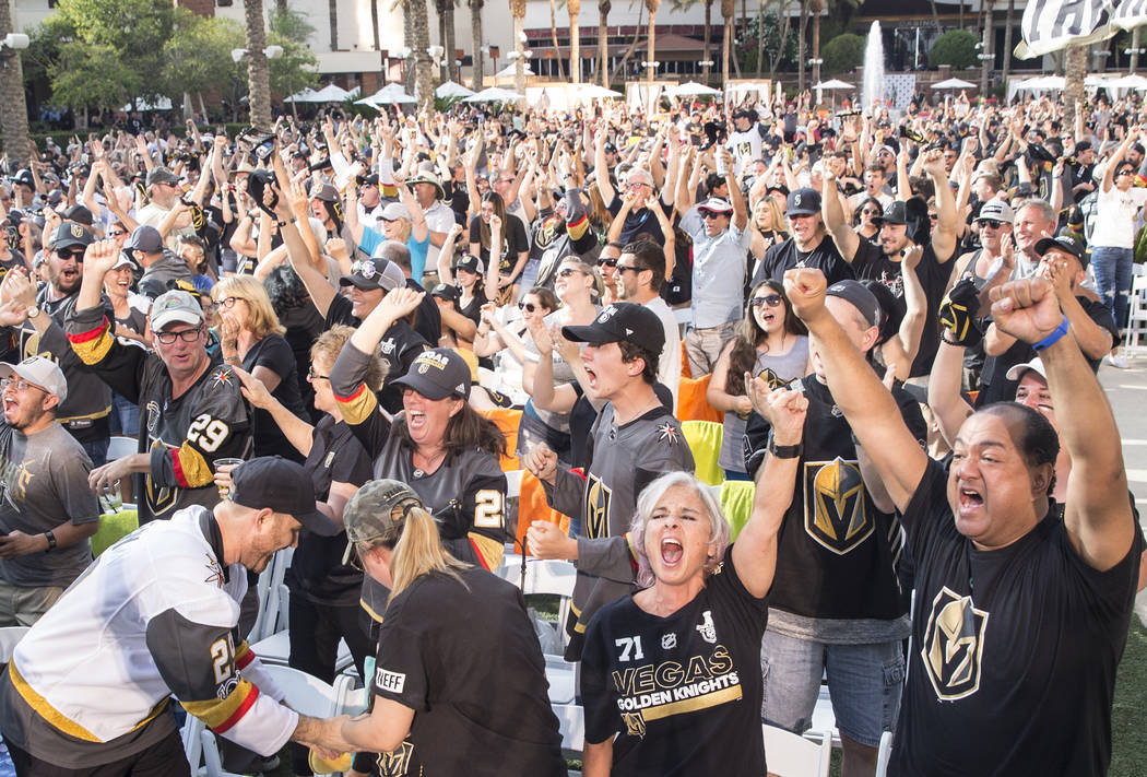 Golden Knights fans erupt at a watch party at Red Rock Casino after Golden Knights right wing Alex Tuch scored a first period goal during Vegas' game two NHL Western Conference Finals road matchup ...