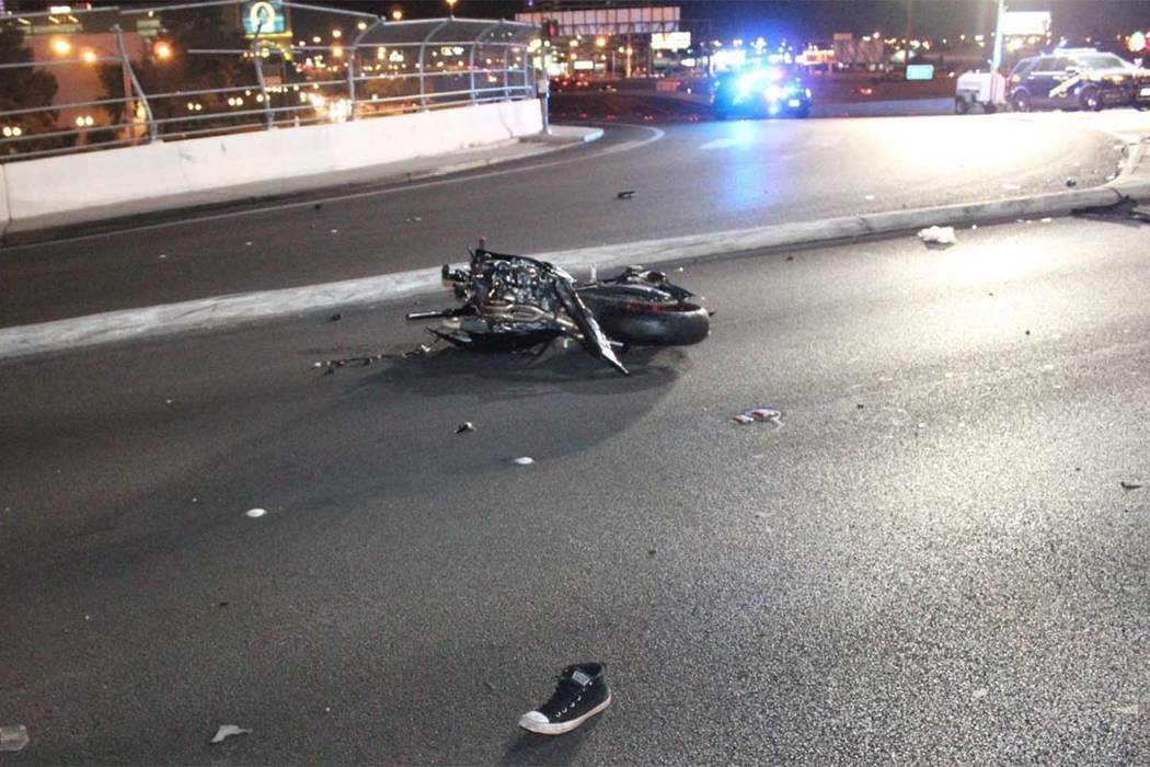 A 52-year-old motorcyclist died early Sunday in a collision with a Cadillac pick-up truck at the northbound off-ramp from I-15 to Flamingo Road in Las Vegas. (Las Vegas Metropolitan Police Department)