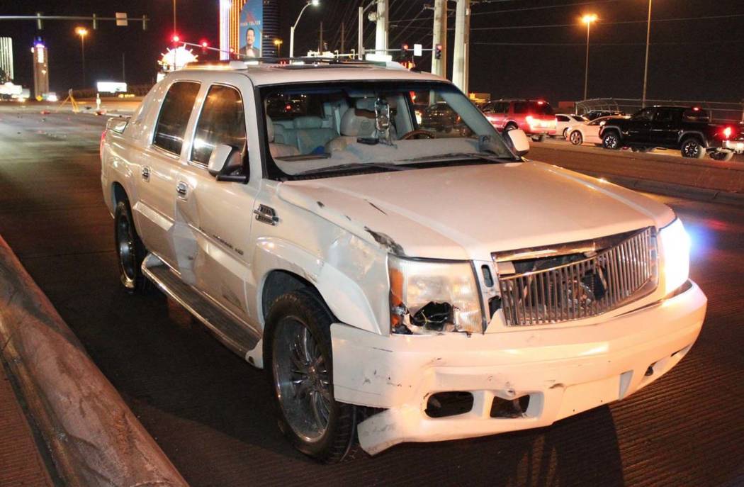 A Cadillac pick-up truck was involved in a collision at the northbound off-ramp from I-15 to Flamingo Road in Las Vegas early Sunday morning. (Las Vegas Metropolitan Police Department)