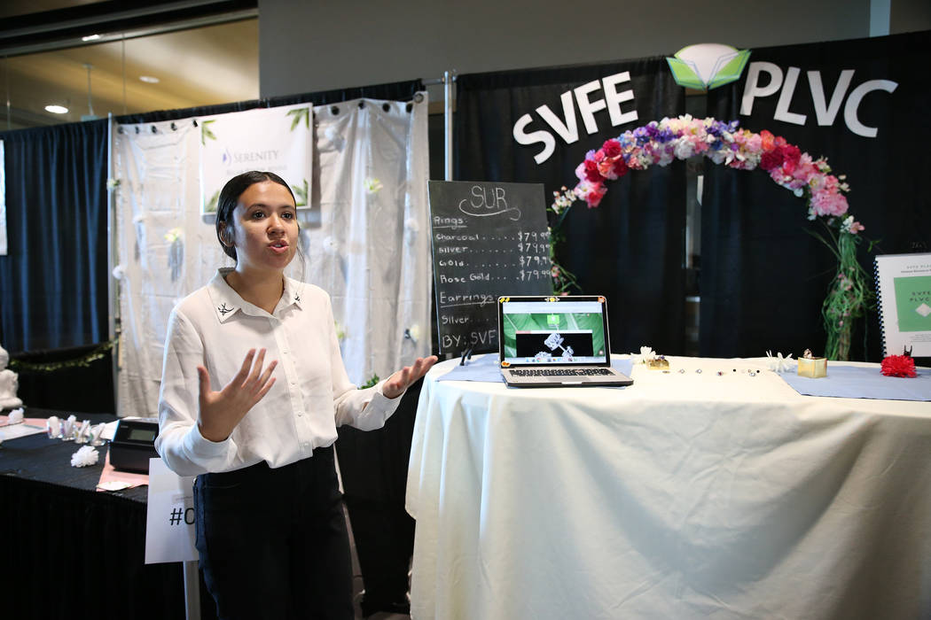 Aurora Osuna, 16, marketing and hospitality student, gives a presentation at the East Career and Technical Academy in Las Vegas, Friday, May 4, 2018. Erik Verduzco Las Vegas Review-Journal @Erik_V ...