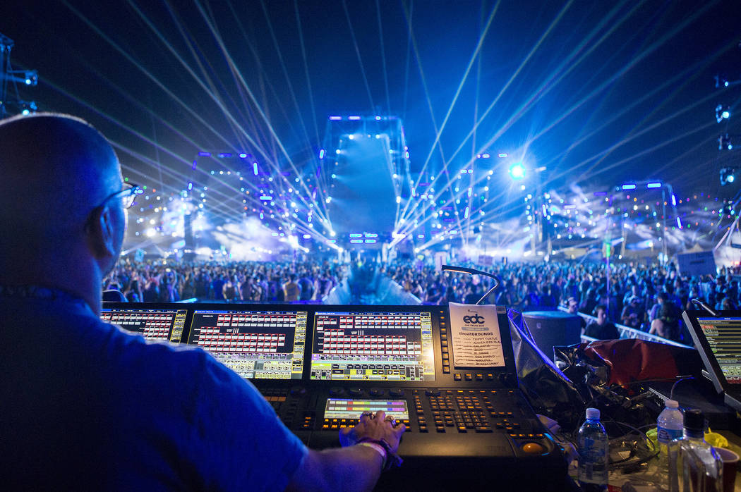 Steve Lieberman works the lights at Circuit Grounds on the first night of Electric Daisy Carnival at Las Vegas Motor Speedway in the early morning of Saturday, June 17, 2017 in Las Vegas. (Bridget ...