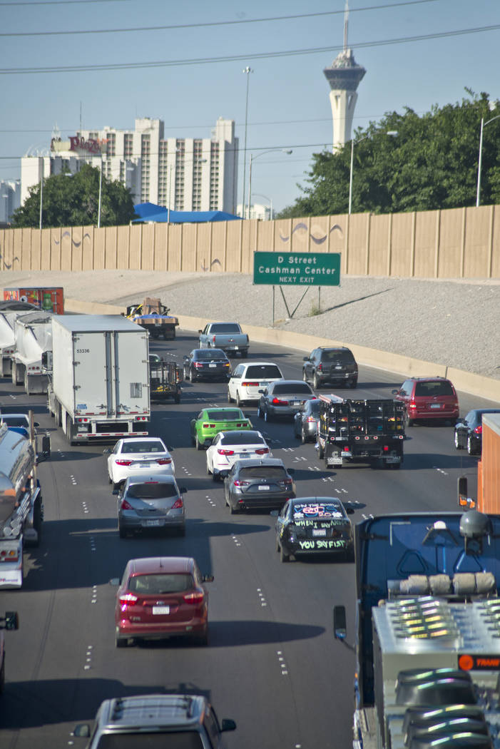 Traffic is backed up on southbound Interstate 15 in downtown Las Vegas as Electric Daisy Carnival festival-goers mingle with the morning commute Monday, June 20, 2016. Daniel Clark/Las Vegas Revie ...