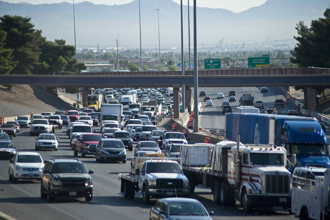 Traffic is backed up on southbound Interstate 15 in downtown Las Vegas as Electric Daisy Carnival festival-goers mingle with the morning commute Monday, June 20, 2016. Daniel Clark/Las Vegas Revie ...