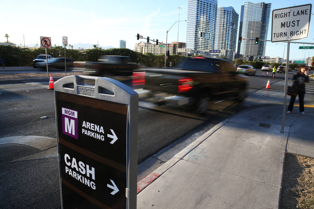 Traffic outside T-Mobile Arena prior to the Vegas Golden Knights NHL season home opener at T-Mobile Arena in Las Vegas, Tuesday, Oct. 10, 2017. Erik Verduzco Las Vegas Review-Journal @Erik_Verduzco