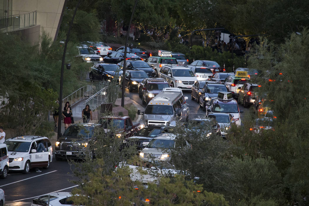 Traffic outside of the Monte Carlo parking garage near T-Mobile Arena before the first preseason home game for the Vegas Golden Knights in Las Vegas, Tuesday, Sept. 26, 2017. Erik Verduzco Las Veg ...