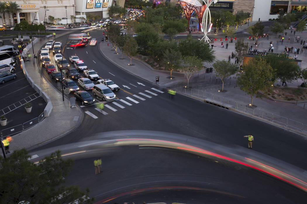 Traffic outside of the Monte Carlo parking garage near T-Mobile Arena before the first preseason home game for the Vegas Golden Knights in Las Vegas, Tuesday, Sept. 26, 2017. Erik Verduzco Las Veg ...