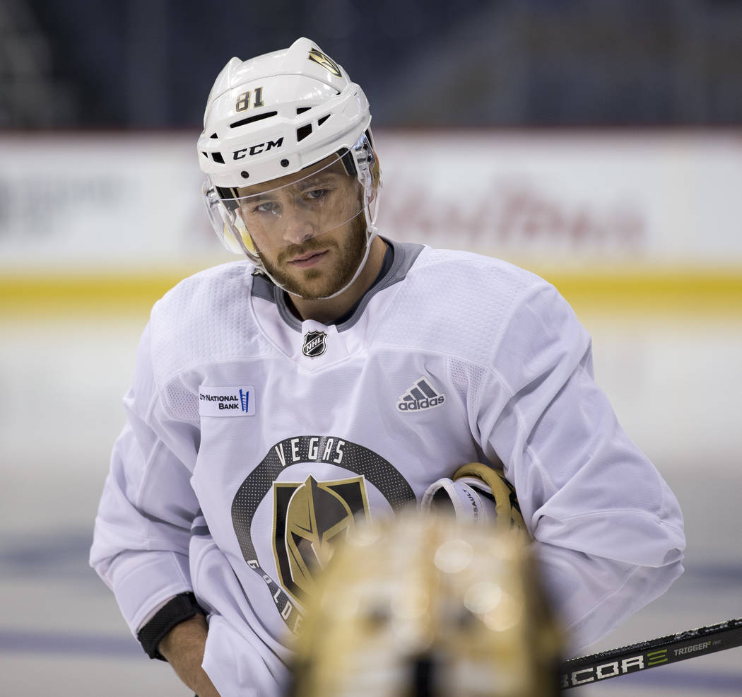 Vegas Golden Knights center Jonathan Marchessault (81) takes part in the morning skate ahead of Game 2 against the Winnipeg Jets at the Bell MTS Place in Winnipeg, Canada, on Monday, May 14, 2018. ...