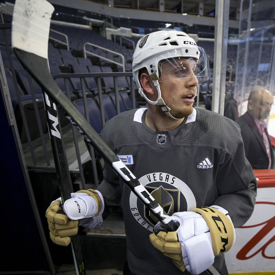 Vegas Golden Knights defenseman Nate Schmidt (88) leave the rink after taking part in the morning skate ahead of Game 2 against the Winnipeg Jets at the Bell MTS Place in Winnipeg, Canada, on Mond ...