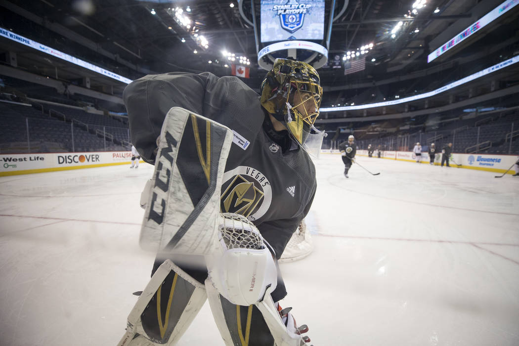 Vegas Golden Knights goaltender Marc-Andre Fleury (29) takes part in the morning skate ahead of Game 2 against the Winnipeg Jets at the Bell MTS Place in Winnipeg, Canada, on Monday, May 14, 2018. ...