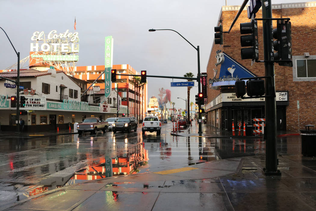 Fog hangs over Fremont Street in downtown Las Vegas Tuesday, January 9, 2018. (Janna Karel/Las Vegas Review-Journal)