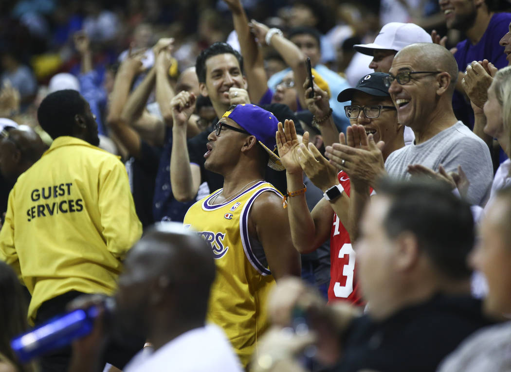 Los Angeles Lakers fans cheer during the NBA Summer League championship game against the Portland Trail Blazers at the Thomas & Mack Center in Las Vegas on Monday, July 17, 2017. Chase Steven ...