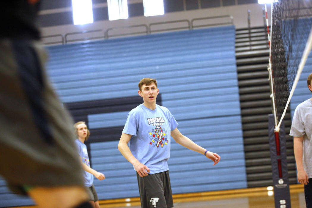 Caleb Stearman, 17, of the Foothill High School mens volleyball team, waits for the ball during practice at Foothill High School in Henderson, Monday, May 14, 2018. Stearman is both a setter on th ...