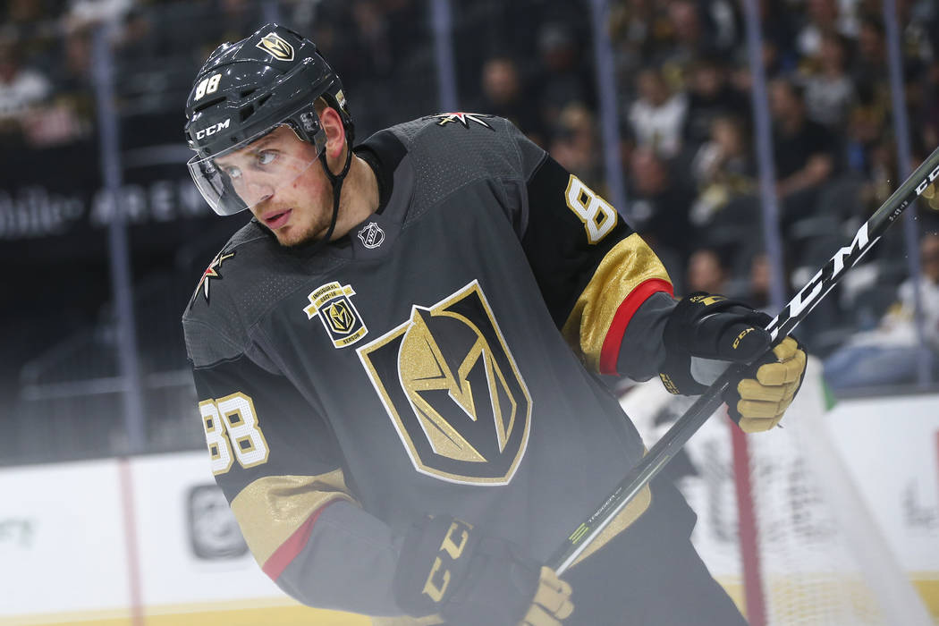 Golden Knights defenseman Nate Schmidt (88) looks on during a break against the San Jose Sharks in the second period of Game 5 of an NHL hockey second-round playoff series at T-Mobile Arena in Las ...