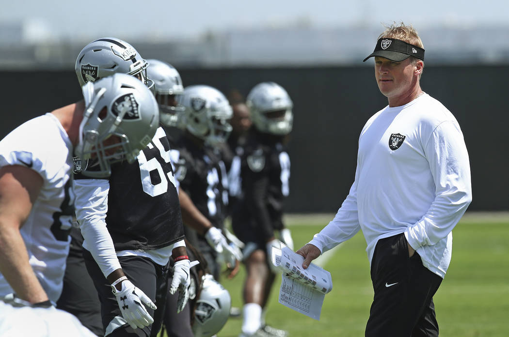 Oakland Raiders coach Jon Gruden, right, oversees an NFL football practice on Friday, May 4, 2018, at the team's training facility in Alameda, Calif. (AP Photo/Ben Margot)