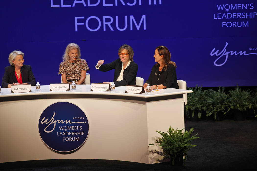 Dee Dee Myers speaks as Pat Mulroy, from left, Kim Sinatra, and Wendy Webb listen at a women's leadership forum at the Wynn hotel-casino in Las Vegas, Monday, May 14, 2018. Wynn General Counsel Si ...