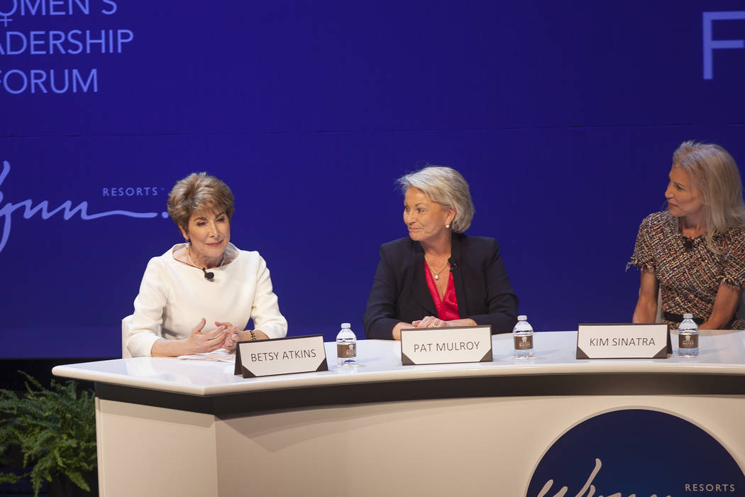 Betsy Atkins speaks as Pat Mulroy, from left, and Kim Sinatra listen at a women's leadership forum at the Wynn hotel-casino in Las Vegas, Monday, May 14, 2018. Wynn General Counsel Sinatra mediate ...