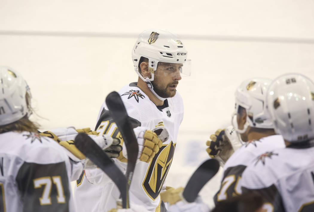 Vegas Golden Knights left wing Tomas Tatar (90) celebrates his first period goal against the Winnipeg Jets in Game 2 of an NHL hockey third round playoff series at the Bell MTS Place in Winnipeg, ...