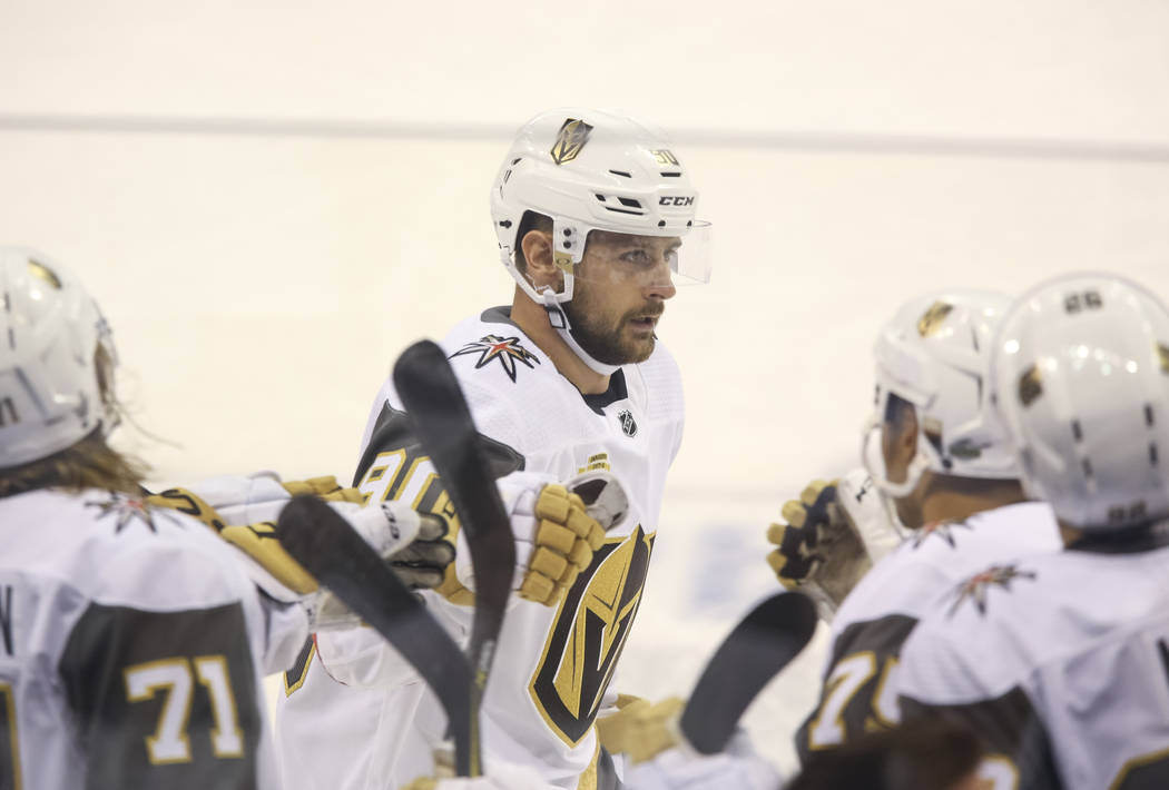 Vegas Golden Knights left wing Tomas Tatar (90) celebrates his first period goal against the Winnipeg Jets in Game 1 of an NHL hockey third round playoff series at the Bell MTS Place in Winnipeg, ...