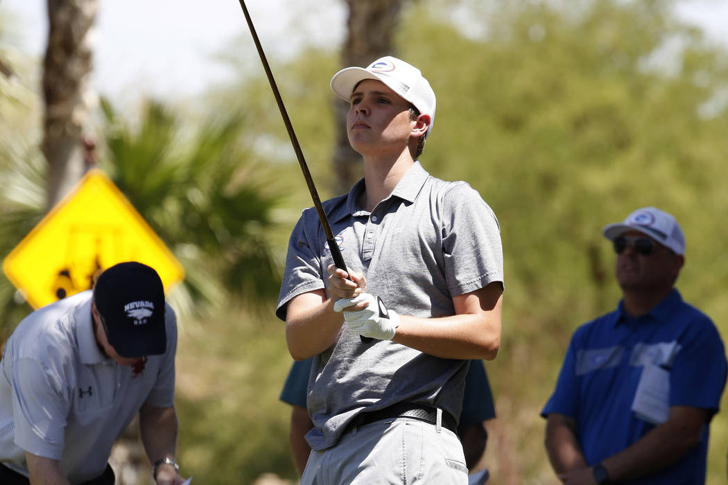 Bishop Gorman High's Mitchell Abbott watches his tee drive during the 2018 NIAA 4A State boys golf tournament at Reflection Bay Golf Club on Monday, May 14, 2018, in Henderson. Bizuayehu Tesfaye/L ...