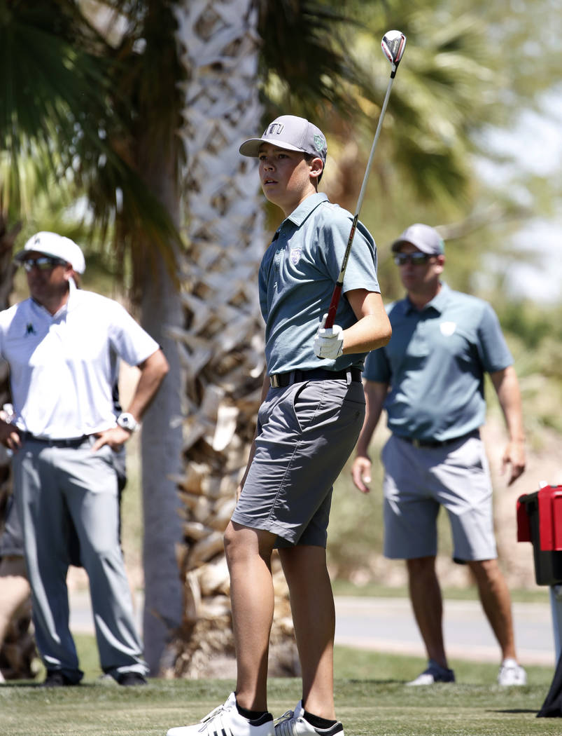 Palo Verde High's Michael Salerno watches his tee drive during the 2018 NIAA 4A State boys golf tournament at Reflection Bay Golf Club on Monday, May 14, 2018, in Henderson. Bizuayehu Tesfaye/Las ...