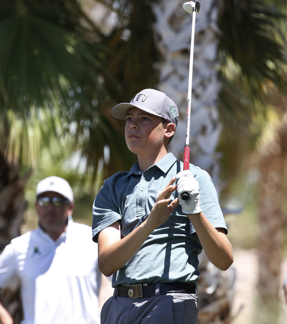 Palo Verde High's Michael Salerno watches his tee drive during the 2018 NIAA 4A State boys golf tournament at Reflection Bay Golf Club on Monday, May 14, 2018, in Henderson. Bizuayehu Tesfaye/Las ...
