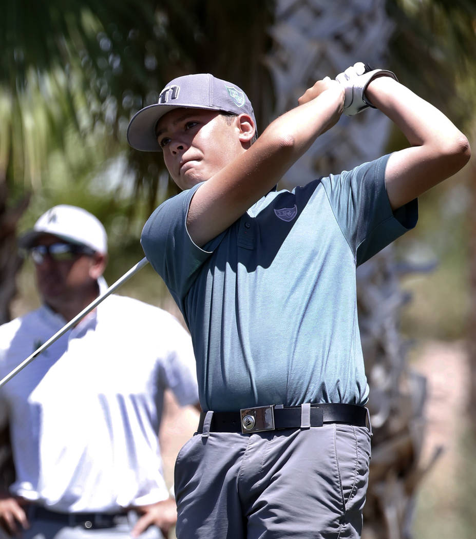 Palo Verde High's Michael Salerno watches his tee drive during the 2018 NIAA 4A State boys golf tournament at Reflection Bay Golf Club on Monday, May 14, 2018, in Henderson. Bizuayehu Tesfaye/Las ...