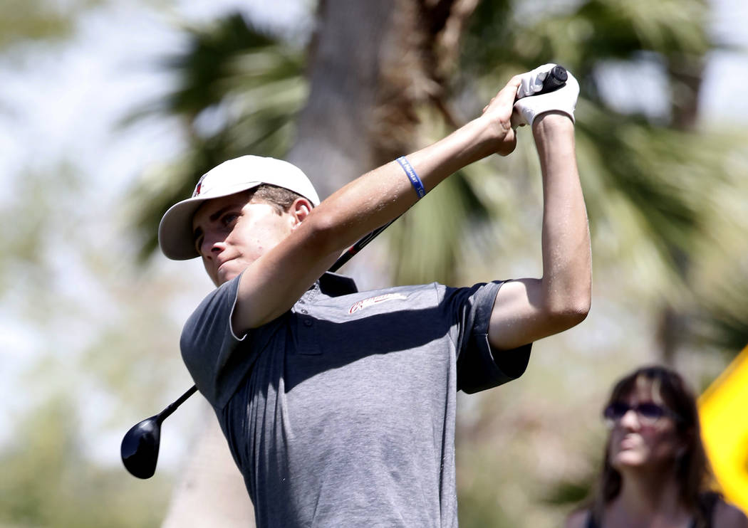 Coronado High's Joey Dotta watches his tee drive during the 2018 NIAA 4A State boys golf tournament at Reflection Bay Golf Club on Monday, May 14, 2018, in Henderson. Bizuayehu Tesfaye/Las Vegas R ...