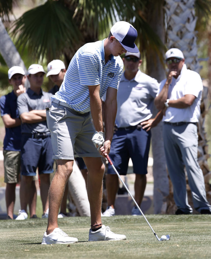 Centennial High's Cole Thompson prepares to hit his tee drive during the 2018 NIAA 4A State boys golf tournament at Reflection Bay Golf Club on Monday, May 14, 2018, in Henderson. Bizuayehu Tesfay ...