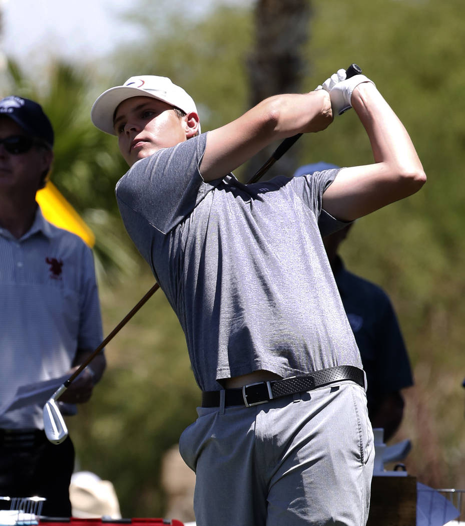 Bishop Gorman High's Mitchell Abbott watches his tee drive during the 2018 NIAA 4A State boys golf tournament at Reflection Bay Golf Club on Monday, May 14, 2018, in Henderson. Bizuayehu Tesfaye/L ...