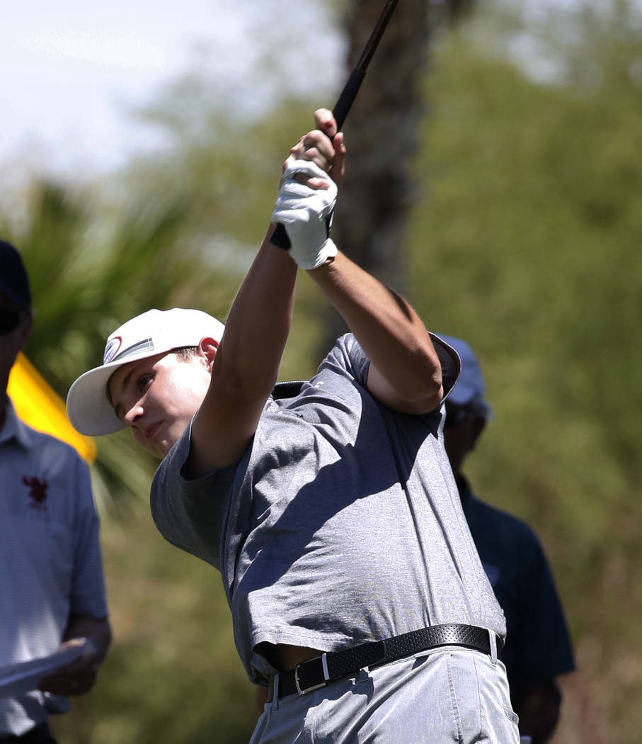 Bishop Gorman High's Mitchell Abbott watches his tee drive during the 2018 NIAA 4A State boys golf tournament at Reflection Bay Golf Club on Monday, May 14, 2018, in Henderson. Bizuayehu Tesfaye/L ...