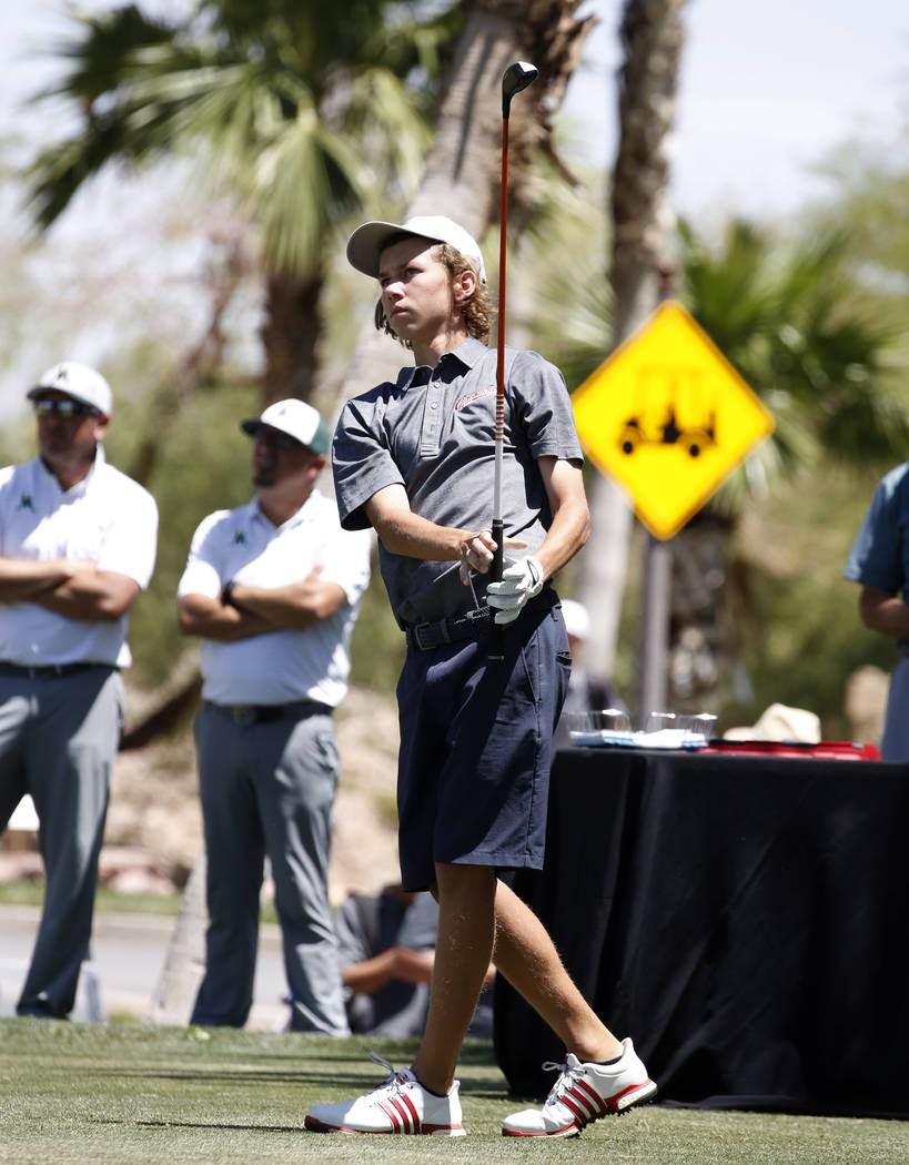 Coronado High's Brett Sodetz watches his tee drive during the 2018 NIAA 4A State boys golf tournament at Reflection Bay Golf Club on Monday, May 14, 2018, in Henderson. Bizuayehu Tesfaye/Las Vegas ...