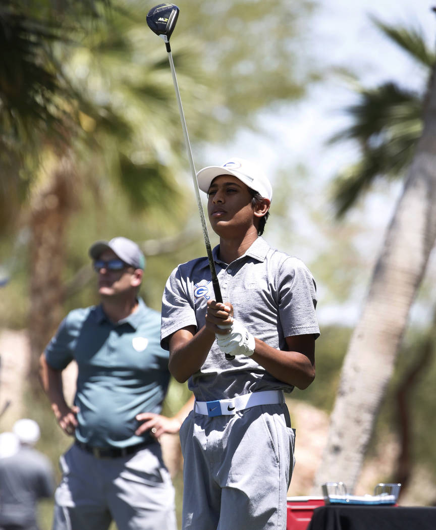 Bishop Gorman High's Aarjav Patel hits his tee drive during the 2018 NIAA 4A State boys golf tournament at Reflection Bay Golf Club on Monday, May 14, 2018, in Henderson. Bizuayehu Tesfaye/Las Veg ...