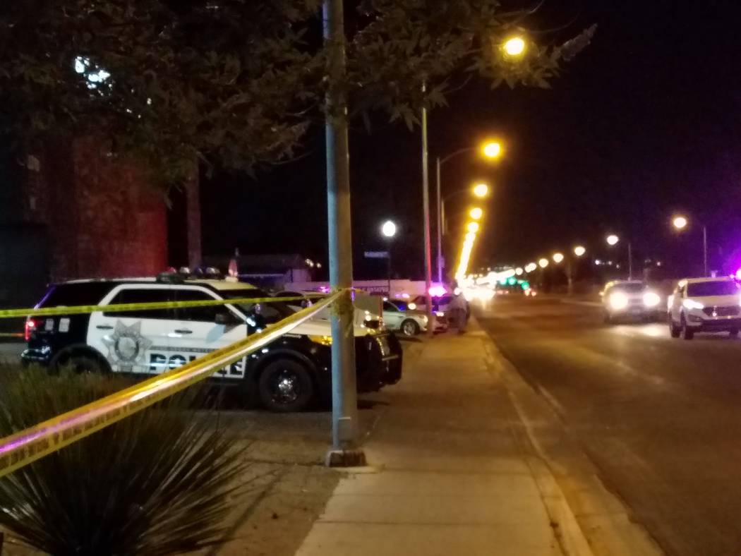 A Metropolitan Police Department vehicle is parked not far from the scene of an officer-involved shooting Saturday night on Big Sur Drive in the east Las Vegas Valley. (Mike Shoro/Las Vegas Review ...