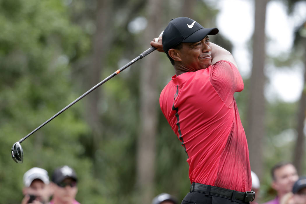 Tiger Woods hits from the second tee, during the final round of the Players Championship golf tournament, Sunday, May 13, 2018, in Ponte Vedra Beach, Fla. (AP Photo/Lynne Sladky)