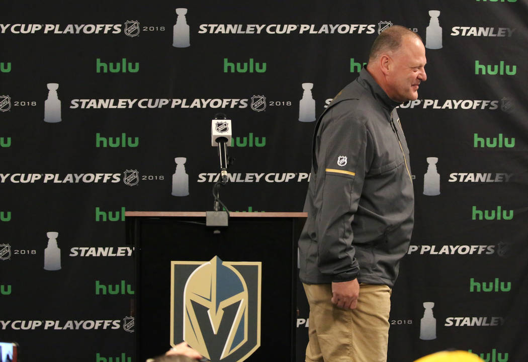 Golden Knights head coach Gerard Gallant leaves the podium after addressing the media at City National Arena on Tuesday, May 15, 2018, in Las Vegas. Bizuayehu Tesfaye/Las Vegas Review-Journal @biz ...