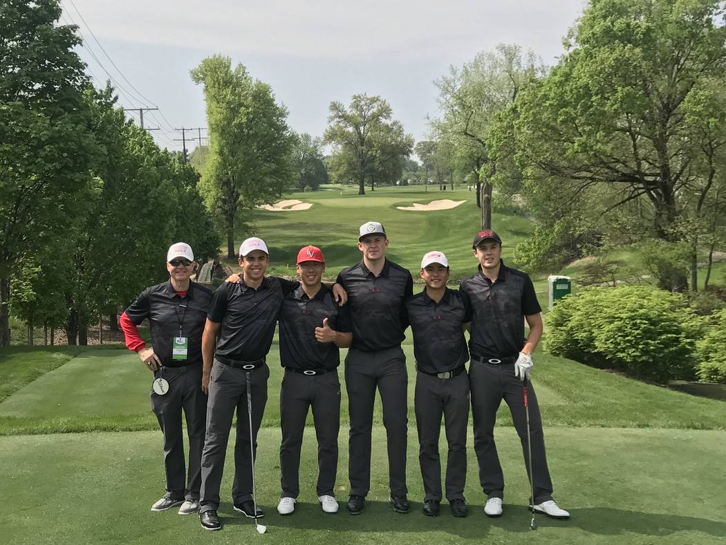 UNLV men's golf coach Dwaine Knight and players Garrick Higgo, Justin Kim, Harry Hall, Shintaro Ban and Jack Trent at the Scarlet Course at Ohio State prior to the NCAA Columbus Regional. Courtesy ...
