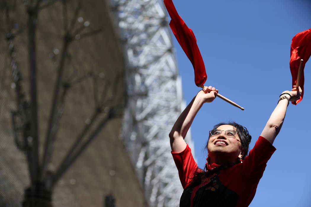 Xiaobo LaPresta of the Pittsburgh Xiaobo Chinese Drum Group, performs during the Asian Culture Day Celebration at Fremont Street Experience in Las Vegas, Wednesday, May 16, 2018. Erik Verduzco Las ...
