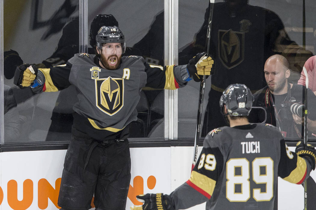 Golden Knights left wing James Neal (18) celebrates after scoring a second period goal during game three of Las Vegas' NHL Western Conference Finals matchup with Winnipeg on Wednesday, May 16, 201 ...