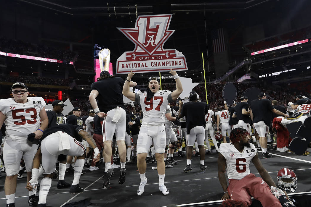 Alabama S Joseph Bulovas Celebrates After Overtime Of The Ncaa College Football Playoff Championship Game Against Georgia Monday Jan 8 2018 In Atlanta Alabama Won 26 23 David J Phillip Ap Las Vegas Review Journal