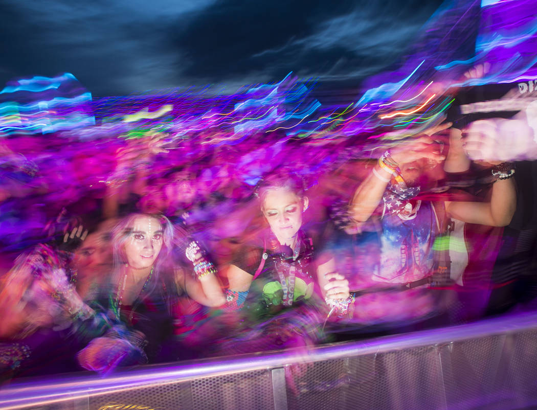 Attendees dance as Dateless performs at the Stereobloom stage during the third day of the Electric Daisy Carnival at the Las Vegas Motor Speedway in Las Vegas on Sunday, May 20, 2018. Chase Steven ...