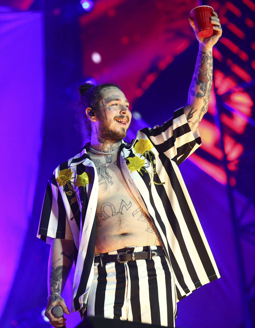 Post Malone performs at the Cosmic Meaddow stage during the third day of the Electric Daisy Carnival at the Las Vegas Motor Speedway in Las Vegas on Sunday, May 20, 2018. Chase Stevens Las Vegas R ...