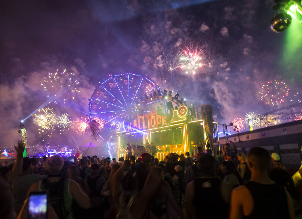 Fireworks go off above the Kalliope art car during the third day of the Electric Daisy Carnival at the Las Vegas Motor Speedway in Las Vegas during the early hours of Monday, May 21, 2018. Chase S ...