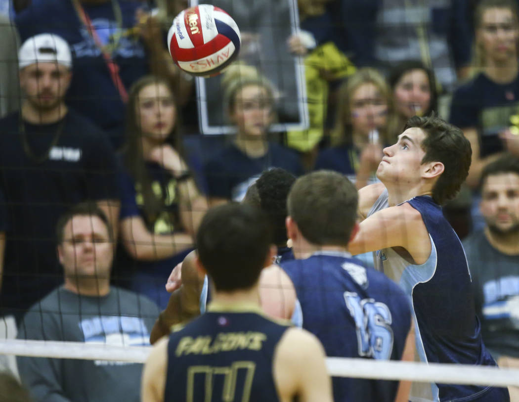 Centennial's Sam Durkin (4) goes for the ball during the second set of the Class 4A state volleyball championship match against Foothill at Arbor View High School in Las Vegas on Thursday, May 17, ...