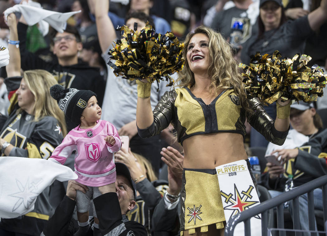 The Golden Aces cheer with fans in the third period during game four of Las Vegas' NHL Western Conference Finals matchup with the Winnipeg Jets on Friday, May 18, 2018, at T-Mobile Arena, in Las V ...