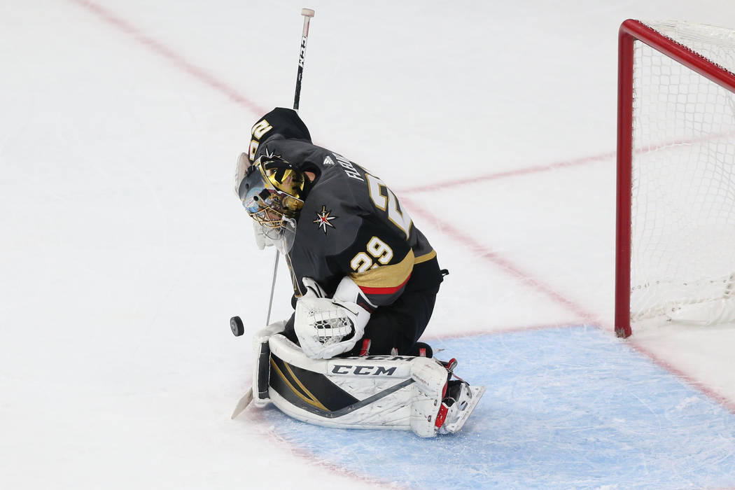 Vegas Golden Knights goaltender Marc-Andre Fleury (29) defends a shot against Winnipeg Jets during the first period in Game 4 of the Western Conference Final at T-Mobile Arena in Las Vegas, Friday ...