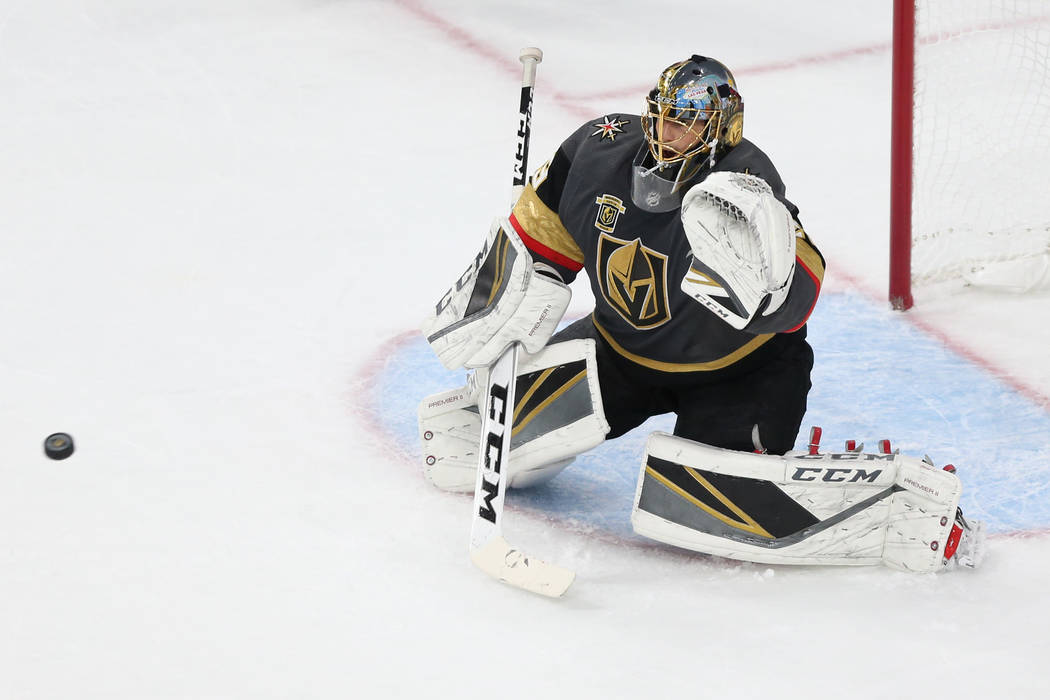 Vegas Golden Knights goaltender Marc-Andre Fleury (29) defends a shot against Winnipeg Jets during the first period in Game 4 of the Western Conference Final at T-Mobile Arena in Las Vegas, Friday ...