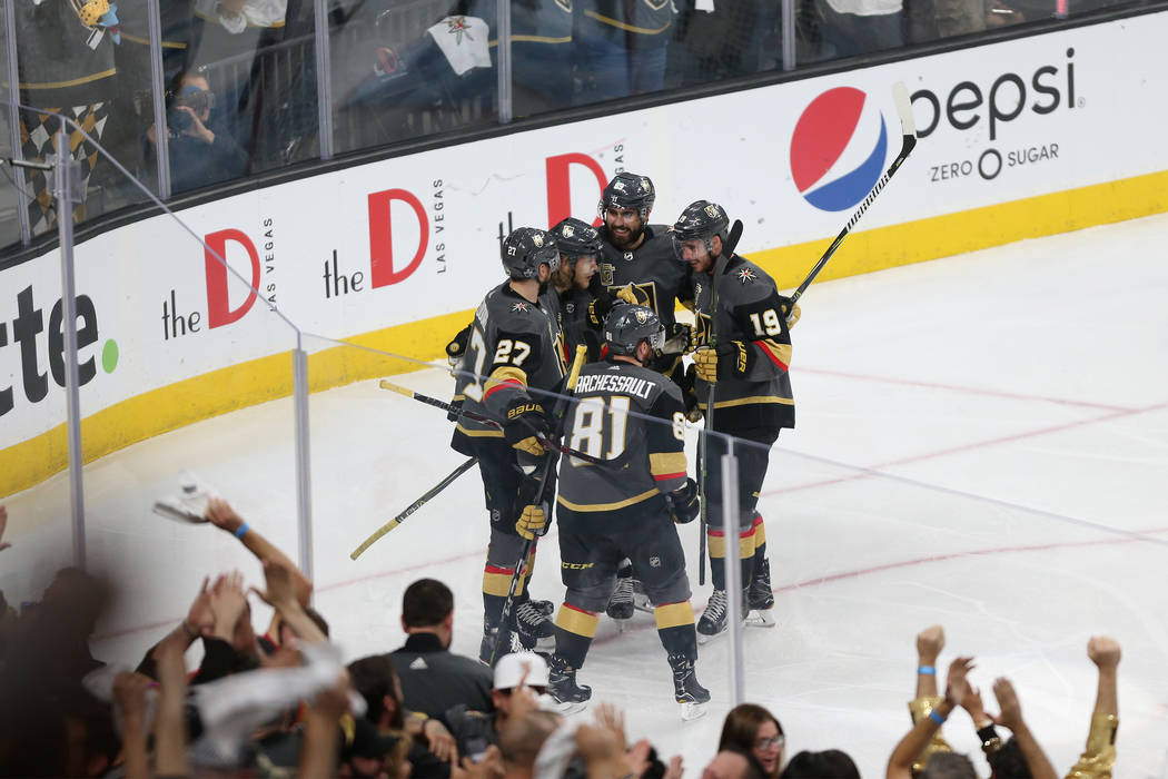 Vegas Golden Knights center William Karlsson (71) celebrates a score with his team against the Winnipeg Jets during the first period in Game 4 of the Western Conference Final at T-Mobile Arena in ...