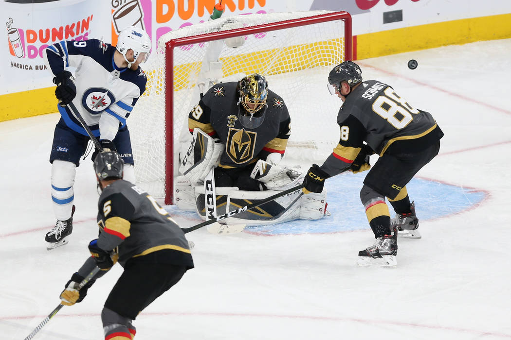 Vegas Golden Knights goaltender Marc-Andre Fleury (29) defends a shot against Winnipeg Jets during the second period in Game 4 of the Western Conference Final at T-Mobile Arena in Las Vegas, Frida ...
